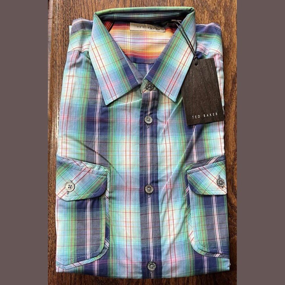 $145 NWT TED BAKER LS PEACHED CHECK TAPERED SHIRT SIZE: 3